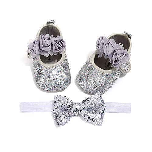 Zapatos de Niña con Diadema Regalo Set Bautizo Primeros Pasos para Bebé Suave Suela de Algodón con Bowknot y Lentejuelas Zapatillas Antideslizantes para Princesa