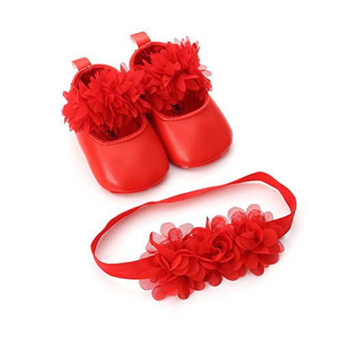 Zapatos de Niña con Diadema Regalo Set Pare Bebé Bautizo Flor Suave Suela Zapatillas Antideslizantes Zapatos de Princesa (0-6 Meses, Rojo, Tamaño de Etiqueta 11)