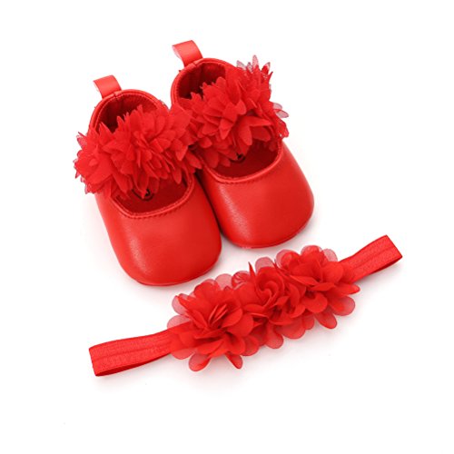 Zapatos de Niña con Diadema Regalo Set Pare Bebé Bautizo Flor Suave Suela Zapatillas Antideslizantes Zapatos de Princesa (0-6 Meses, Rojo, Tamaño de Etiqueta 11)