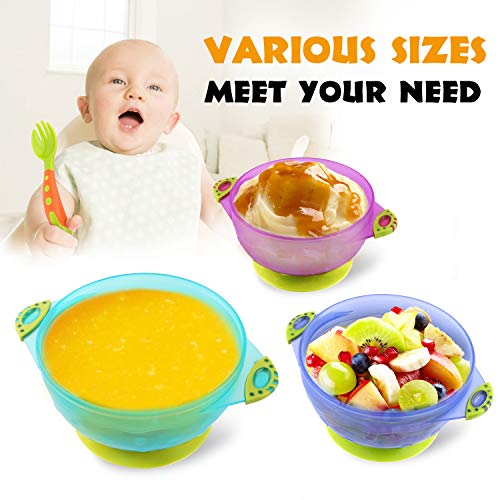 Zooawa Kit de Tazón con Ventosa para Bebé, 3PZS Multicolor Bol Antideslizante con Tapa, con Cuchara y Tenedor, Juguete de Alimentación de PP de Grado Comestible sin BPA para Bebé Más de 6 Meses