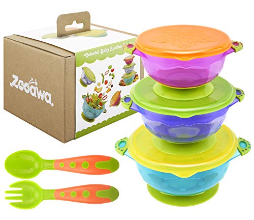 Zooawa Kit de Tazón con Ventosa para Bebé, 3PZS Multicolor Bol Antideslizante con Tapa, con Cuchara y Tenedor, Juguete de Alimentación de PP de Grado Comestible sin BPA para Bebé Más de 6 Meses