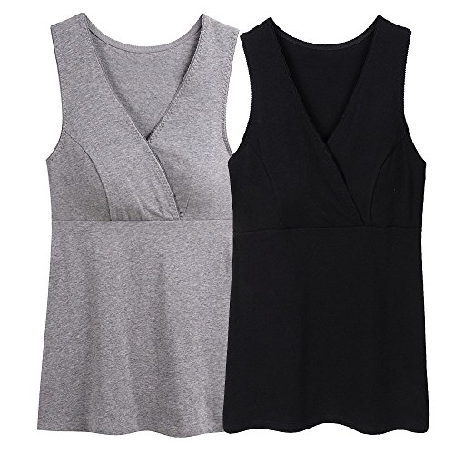 ZUMIY® Chaleco de Maternidad Tank de Lactancia Sujetador para Camiseta para Mujer/Top Premamá (L, Black+Grey/2Pack)