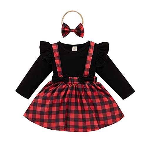 1-5 Años,SO-buts Niños Bebés Niñas Tops De Volantes De Color Sólido Plaid Impreso Faldas Con Tirantes Diademas Trajes Casuales De Moda (Rojo,4-5 años)