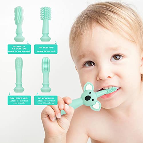 1 cepillo de dientes de silicona cian para bebé con 4 cabezales, cepillo de dientes para limpieza de dientes con masaje de encías y 2 cepillos de dientes para dedos y 1 bolsa de almacenamiento