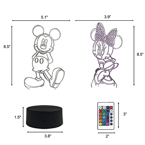 2 en 1,Mickey Mouse,Minnie Mouse, lámpara LED de anime con ilusión 3D, control remoto RGB de 16 colores,luz de la noche del dormitorio para el bebé