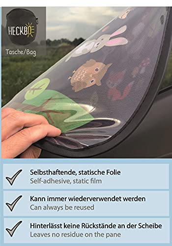 2X HECKBO Parasol Autoadhesivo para Coche - protección Solar para niños -protección Solar para ventanillas de Coche - Los Animales del Bosque - 44x36cm - Parasol para Coche con Bolsa incluida