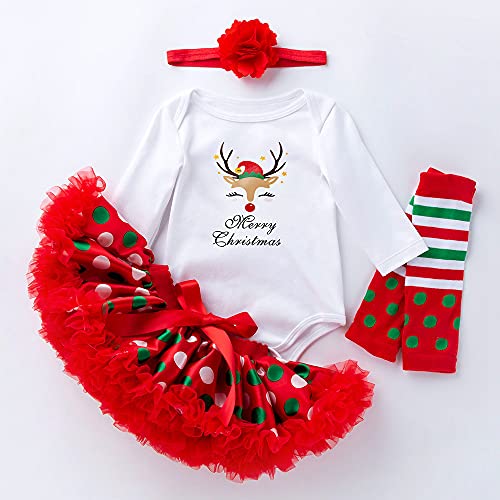 4 Piezas Navidad Disfraz Niña Vestido Niño 0-24 Meses Princesa Invierno, Mono de Falda + Banda + Calcetines - Conjunto Ropa Bebe Niña Impresión de Dibujos Animados (Cornamenta~a, 3-6 Meses)