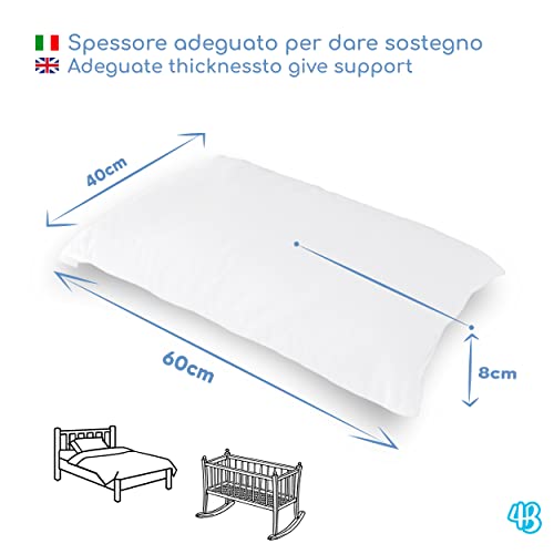 4BABIES - Almohada 60x40 cm para Niños de 1 año en adelante, Almohada para Bebés de Fibra Transpirable, Hipoalergénico, con Forro 100% Algodón Italiano, Antiácaros