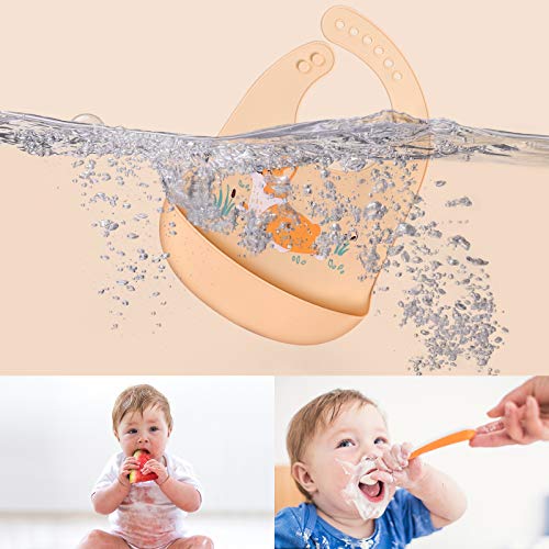 ABirdon 4 Pcs Babero Silicona Bebé, Impermeable, Fácil de Limpiar, Lavable, 6 Tamaños Ajustables Baberos de Alimentación Suave con Recolector Alimentos para Bebé Niño o Niña