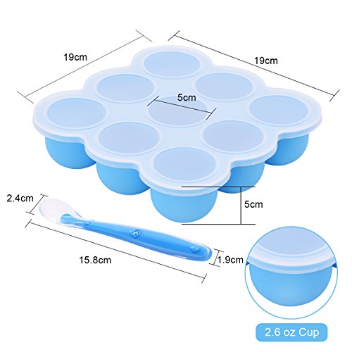 Almacenamiento para Alimentos de Bebé, Recipiente Molde para Comida Multiporciones de Silicona con Tapa y Cuchara, Congela Comida de Niños, Leche Materna,Helados,Seguras y Reutilizables, 9x75 ml, Azul