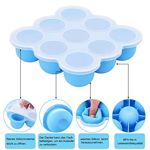 Almacenamiento para Alimentos de Bebé, Recipiente Molde para Comida Multiporciones de Silicona con Tapa y Cuchara, Congela Comida de Niños, Leche Materna,Helados,Seguras y Reutilizables, 9x75 ml, Azul