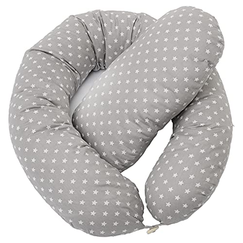 Almohada de Embarazada, cojín Multifuncional, Nido de bebé, Almohada Lactancia, Reductor de Cuna, cojín de Lactancia. Estampado Estrellas Gris y Blanco