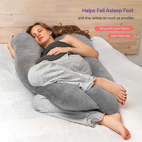 Almohada de Embarazo,Nuliie Almohada de Cuerpo Completo en Forma de U,Almohada de Embarazo para Dormir,Soporte de Almohada de Maternidad de 55 Pulgadas para Espalda, con Funda Lavable