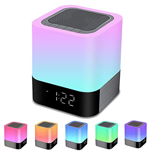 Altavoz Bluetooth con luz, lámpara de mesita de noche, táctil, regulable, despertador, luz nocturna RGB con cambio de color, altavoz Bluetooth portátil, regalo para niñas, niños y adolescentes