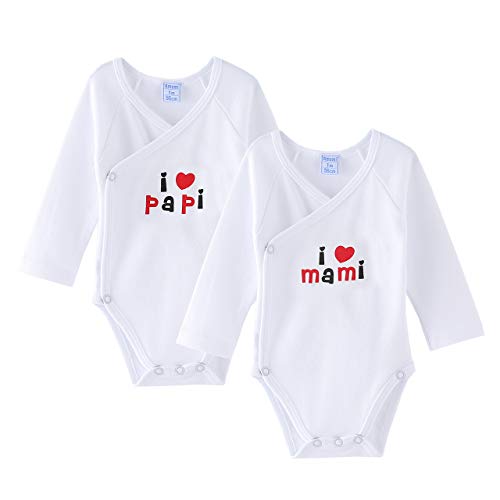 Amomí Body para Bebé, Pack de 2 unidades, Manga Larga, 100% algodón, Suave Bodies con Botones de Presión, Color Blanco y Crudo (3 Meses, I Love Papa, Mama A21043)