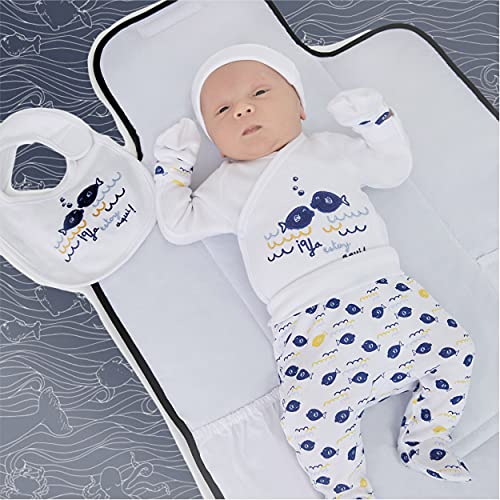 Amomí Caja Regalo Set Primera Puesta Recién Nacido 5 Piezas Conjunto de Ropa para Recien Nacido Set Unisex Algodón 100% Talla Unica (Delfin Marino, 1 Meses)