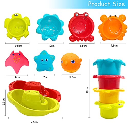 Aoibeely Juguetes de Baño Bebé Niños, 9 Piezas Juguetes Bañera Natación, Juguetes de Natación, Marinos Animal Juguetes, apilables Taza y Barcos de baño