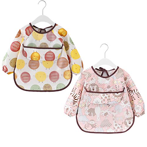 atopo 2 Paquetes Babero con Mangas Largas Impermeable Baberos de Alimentación para Bebés Algodón Delantal Lavable del Bebé por 6-36 Meses Niños Comiendo Pintura y Jugando