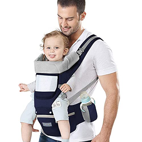 Azeekoom Mochila Portabebés Ergonómica con Asiento de Cadera, Multiposición Dorsal Ventral, Algodón Ligero y Transpirable para Bebés y Niños de 0-48meses (3.5 a 25 Kg)