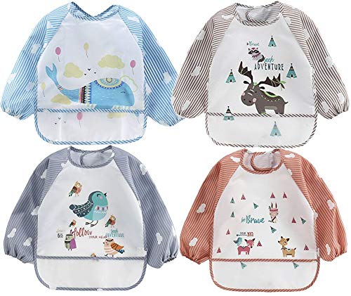 Baberos Impermeables Bebe Recien Nacido Niño Niñas Unisex (4 Baberos con Manga Larg)