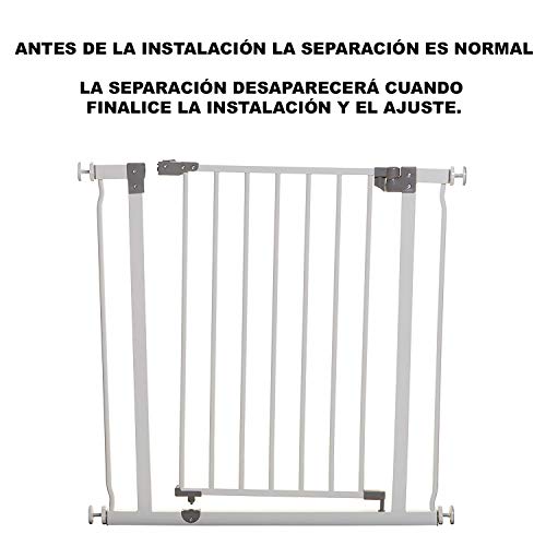 Babify - Barrera de Seguridad de niños para puertas y pasillos - Color blanco - Máxima Polivalencia de 65 a 91 cm - Incluye 2 Extensiones de 10 cm - Incluye Kit para Barandilla