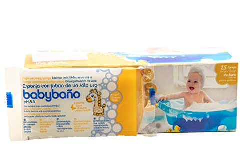 Babybaño Esponja Jabonosa Desechable para Bebés y Niños de 0 a 3 Años. Esponja de Baño de Un Solo Uso con Gel Pediátrico y Dermatológico. Envase Individual. 25 Unidades