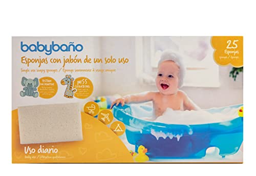 Babybaño Esponja Jabonosa Desechable para Bebés y Niños de 0 a 3 Años. Esponja de Baño de Un Solo Uso con Gel Pediátrico y Dermatológico. Envase Individual. 25 Unidades