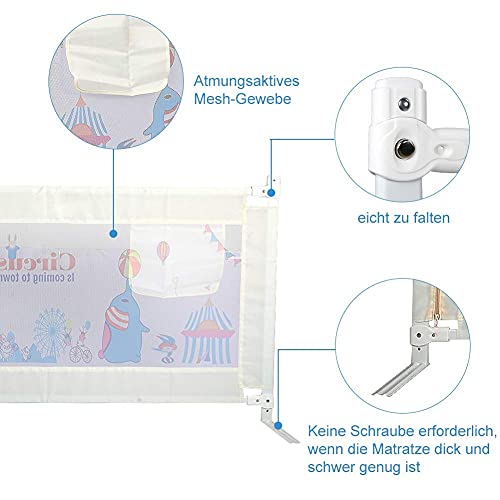 Barrera Cama Niños 180cm, Protección de Cama para Niño Barandilla de Cuna para Bebé Prevención de Caídas Ajustable Barandilla de Cuna Plegable Barrera de Cama Portátil Diseño de Elevación Vertical