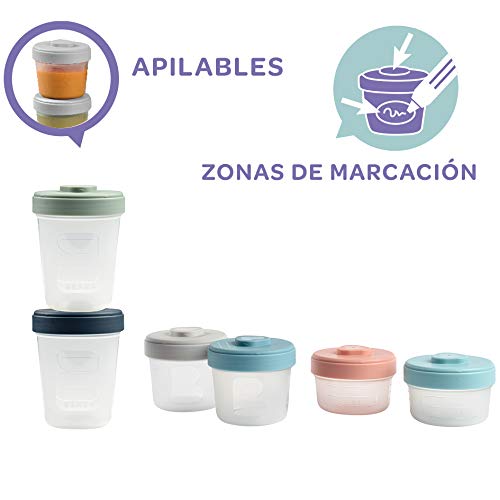 Béaba Lote de 6 Tarros de Conservación, Clip, Botes Encajables, 100% Herméticos, Congelación, Leche Materna, 2 x 90 ml + 2 x 150 ml + 2 x 250 ml