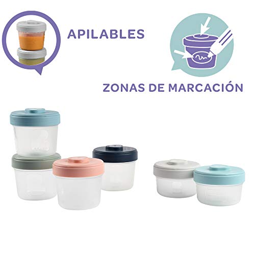 BÉABA - Lote de 6 Tarros de Conservación, Clip, Botes Encajables, 100% Herméticos, Congelación, Leche Materna, 2 x 90 ml + 4 x 150 ml