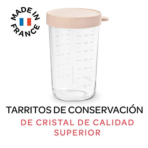 BÉABA Tarros de Conservación para Bebé, Tupper en Cristal, Resistente al calor, Recipientes para guardar la comida de Bebé, Con indicador de cantidad, 1x 400ml, Rosa