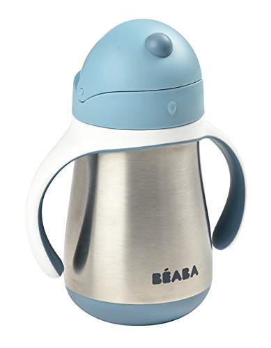 BÉABA - taza de aprendizaje - biberón 2 en 1 - taza infantil con pajita - 100% a prueba de fugas - fácil de abrir - asas extraíbles -Tritan y silicona - 250 ml - Azul