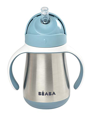 BÉABA - taza de aprendizaje - biberón 2 en 1 - taza infantil con pajita - 100% a prueba de fugas - fácil de abrir - asas extraíbles -Tritan y silicona - 250 ml - Azul