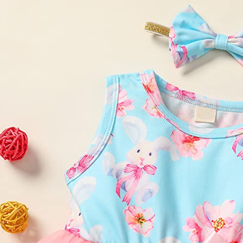 Bebé Niña Vestido sin Manga para Pascua Vestido de Princesa con Estampado de Conejos y Capas de Tul Vestido Lindo de Cuello Redondo para Niña Pequeña (Azul, 2-3 Años)