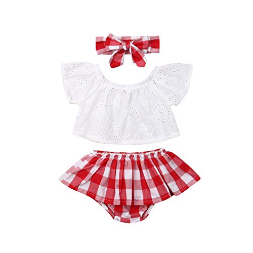 Bebé Recién Nacida Ropa Verano 3 Piezas Conjunto Top Camiseta Corta sin Mangas + Pantalones Cortos de Cintura Elástica + Diadema Traje para Niñas Pequeñas (Blanco + Rojo, 6-12 Meses)