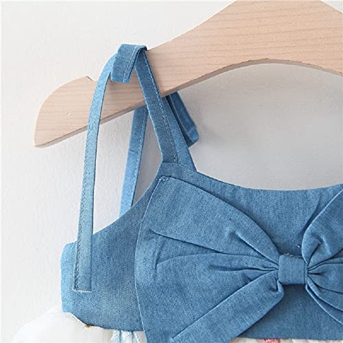 Bebé Vestido Verano sin Manga de Recién Nacida Vestido de Tirantes con Bowknot para Niñas Pequeñas 2 Piezas Traje Informal Vestido de Denim y Tul + Sombrero para Vacaciones (Turquesa, 2-3 Años)