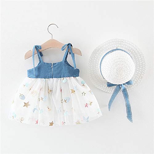 Bebé Vestido Verano sin Manga de Recién Nacida Vestido de Tirantes con Bowknot para Niñas Pequeñas 2 Piezas Traje Informal Vestido de Denim y Tul + Sombrero para Vacaciones (Turquesa, 1-2 Años)