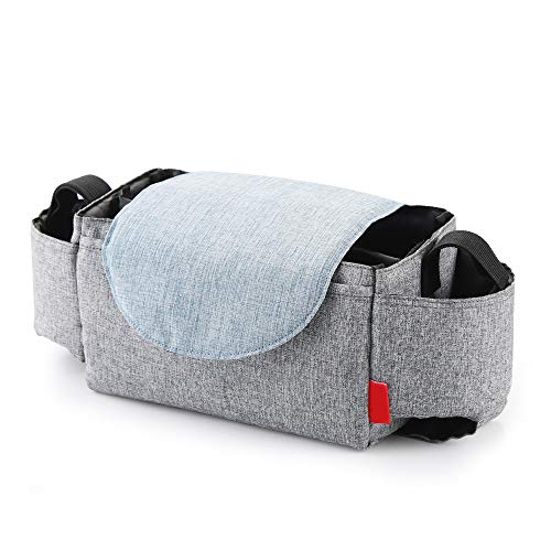 BelleStyle Organizador de Cochecito Bolsa, Ganchos Universal Gran Capacidad Impermeable Organizador para Coches de Paseo con 2 Posavasos para Cochecitos, Soporte para Teléfono Móvil (Gris)