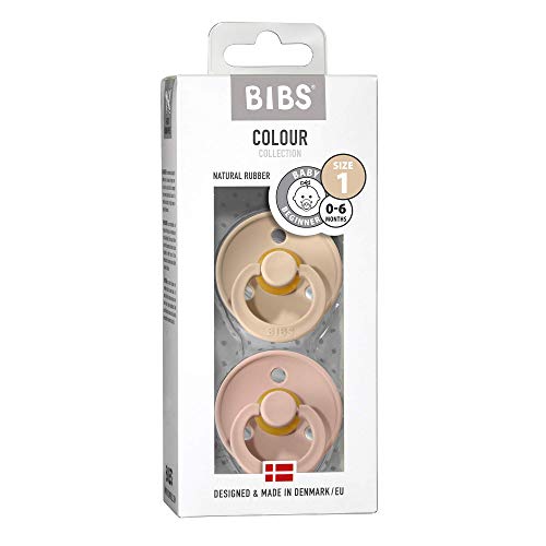 BIBS Colour Paquete de 2 chupetes. Libre de BPA, Tetina redonda. Látex natural, Talla 1 (0-6 meses), Vanilla / Blush