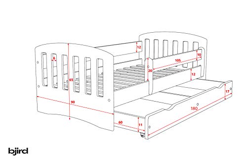 Bjird Cama Infantil 180x80 Cama para Niños con Barrera de protección contra caídas. cajones extraíbles y Base de Listones para niñas y niños - Rosa Polvo 80 x 180 cm