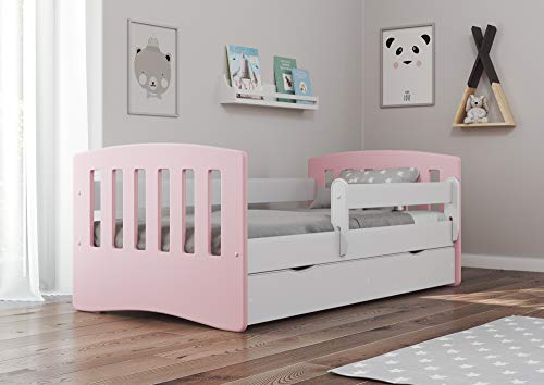 Bjird Cama Infantil 180x80 Cama para Niños con Barrera de protección contra caídas. cajones extraíbles y Base de Listones para niñas y niños - Rosa Polvo 80 x 180 cm