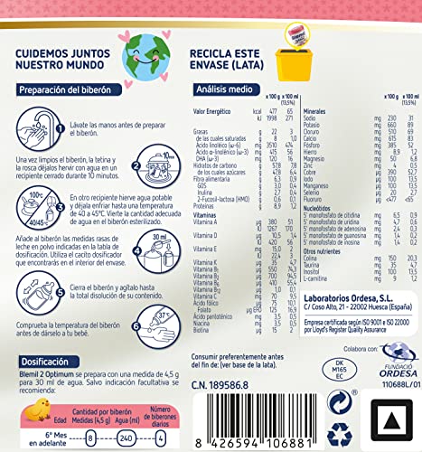 Blemil 2 Optimum ProTech - Leche de continuación en polvo, Desde los 6 Meses, 800g