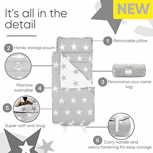 Bloomsbury Mill – Estrellas Grises y Blancas - Colchoneta para Siesta Supersuave para Niños - Incluye Almohada, Colchoneta y Manta - Saco De Dormir para Guardería, Siesta, Viajes y Fiestas Pijama