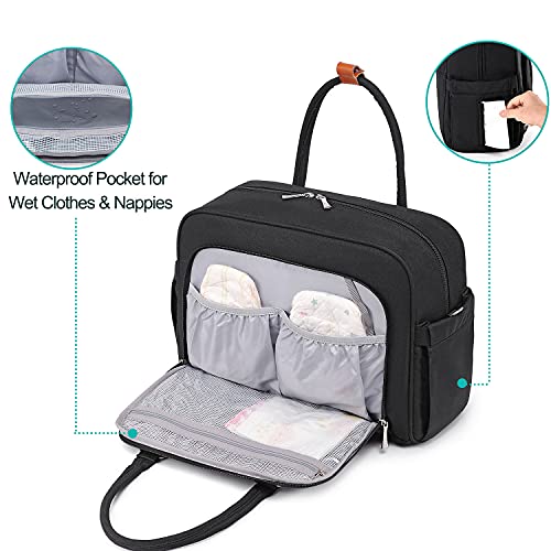 Bolsa de Pañalera WELAVILA, bolso para pañales unisex con almohadilla para cambiar y bolsillos aislados para Mamá y Papá, bolsa de viaje convertible (Negro)