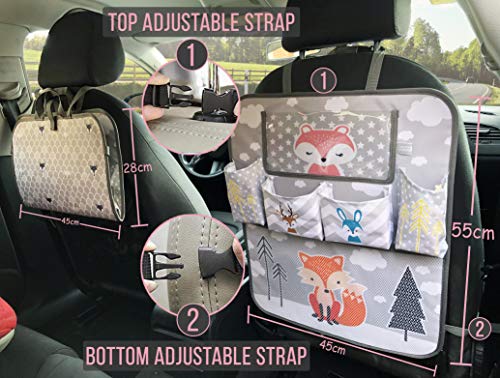 Brunoko Organizador Asiento Coche Niños, Bolso Carrito Bebé, Organizador Habitación Bebé 3 en 1 - Protector Universal Coche Antipisadas - Accesorio Coche con Soporte para Tablet - Diseñado en España