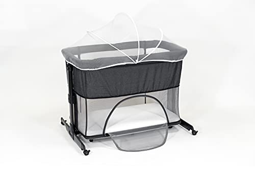 Buddy Baby - Cuna de Colecho y Parque de Juegos para Bebé con Colchón, Mosquitera de Serie , Apertura Lateral, Altura Ajustable, Ruedas y Bolsa de Viaje 0-36 Meses, 15 kg (Gris)