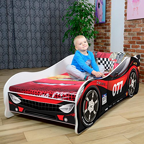 Cama infantil coche de carreras + somier (barandas) + colchón de espuma con cubierta (160 x 80 cm (3-8 años), black-red 077)