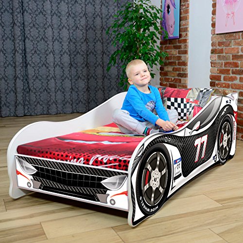 Cama infantil coche de carreras + somier (barandas) + colchón de espuma con cubierta (160 x 80 cm (3-8 años), black-white 77)