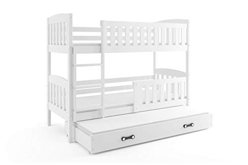 Cama litera Triple Infantil Jacob, Color Blanco, para colchones de 200 * 90, con somieres y colchones de Espuma (2 x 200x90 y 1 x 190x80) Gratis! MAS Barato! Ahorro- 40 Euros!