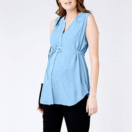 Camisa de Mujer Maternidad con Botones, premamá Lactancia Camisa Blusa sin Mangas Verano Camiseta Tops Azul M